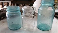 3 Ball jars, aqua quart, 2 pints- 1 with glass lid