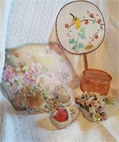 Limoges dresser tray, trinket boxes & fan