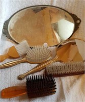 Mirrored dresser tray with brushes & hand mirror