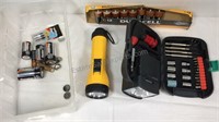 Lot of batteries and flashlights, flashlight with