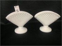 Pair of Milk Glass Diamond Cut Vases - 5" Tall
