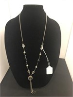 Drop Tassel Silver Tone Necklace w/ Beads