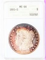 Coin  1881-S Morgan Silver Dollar ANACS MS64