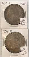 Choice of 2, 1921 - D Morgan Dollars