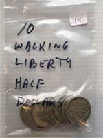 10 Walking Liberty Half Dollars