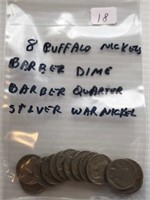 11 Buffalo Nickels, Barber Quarter, Barber Dime