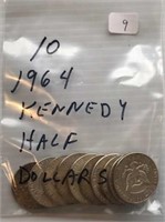 (10) 1964 Kennedy Half Dollars