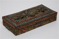 Chinese-Tibetan Brass Box w. Turquoise & Coral