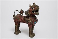 Chinese-Tibetan Brass Foo Dog w. Turquoise & Coral