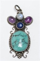 Tibetan Silver Pendant, w. Turquoise &  Amethyst