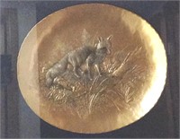 Framed sculpted brass plate of a fox