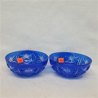 2 Cobalt Blue Cut to Clear Crystal Bowls