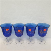 4 Cobalt Blue Stem Glasses w/ Gold Grape Vine