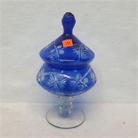 Cobalt Blue Cut to Clear Crystal Candy Dish