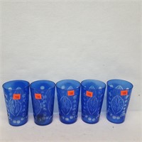5 Cobalt Blue Cut to Clear Crystal Glasses