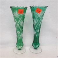 2 Green Cut to Clear Crystal Vases
