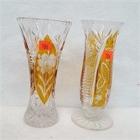 2 Clear $ Amber Cut to Clear Crystal Vases