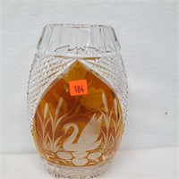 Clear and Amber Cut to Clear Crystal Vase w/ Swan