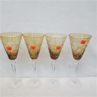 4 Amber Cut to Clear Crystal Stem Glasses