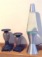 Lava lamp and pair of decorative candle holders