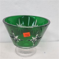 Green  Cut to Clear Crystal Stem  Bowl