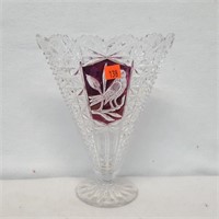 Hofbauer Red Bird Cut to Clear Crystal Vase