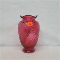 Fenton Cranberry Swirl Glass Vase Ruffled Edge