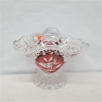 Hofbauer Red Bird Cut to Clear Crystal Basket Bowl