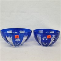 2 Cobalt Blue Cut to Clear Crystal Bowls