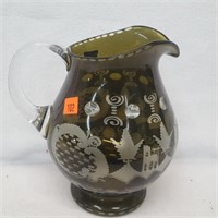 Olive Green Cut to Clear Crystal Pitcher