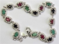 Sterling Silver Ruby Emerald Sapphire CZ Bracelet