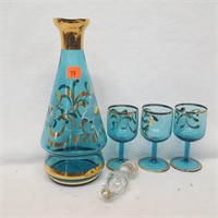 Blue Wine Decanter with 3 Glasses