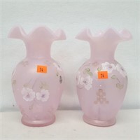 2  Fenton Hand Painted Signed Pink Vases