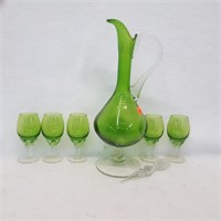 Green and Clear Wine Decanter with 5 glasses