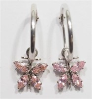 14Kt Hoop Pink CZ Butterfly Earrings