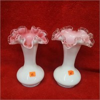2 White & Pink w/ Silver Crest Ruffled Edged Vases