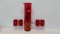 Red Tall Pitcher and 4 glasses
