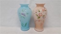 2 Blue and Pink Painted Fenton Signed Vases