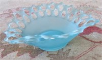 Marked AA blue glass with open lace edges dish.