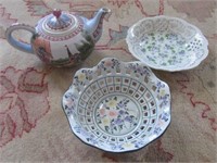 (3) Pieces of glassware that includes tea pot,