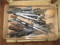 Assortment of kitchen knives, utensils, etc.