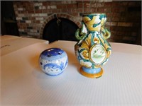 Blue china flower frog - vase, both are Italian