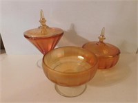 Three different iridescent candy dishes, 2 with