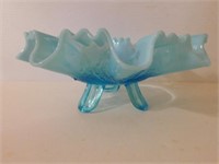 Turquoise opalescent 3 footed 8" bowl,