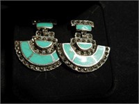 Marcasite & turquoise pierced earrings - 1 " long