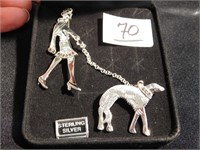 Sterling & Marcasite Pin - Woman w/dog  2.5" tall
