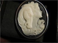 Cameo Pin - Woman w/horse on agate backing - 2"