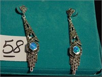 Marcasite & Blue Opal Pierced Earrings - 2.5"