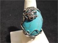 Turquoise Ring w/stylized frog and leaves -