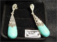 Marcasite & Turquoise pierced earrings - 1.75"